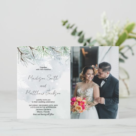 Pin d'hiver blanc Neige Mariage Invitations avec p (Debout devant)