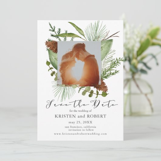 Pin d'hiver Vert Photo Enregistrer La Carte Date (Debout devant)