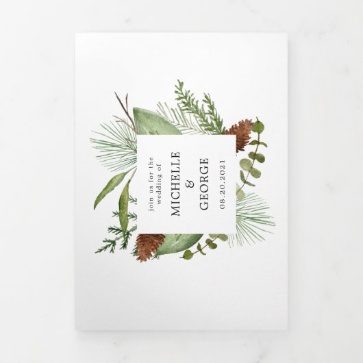 Pin d'hiver vert Tri Faire-part de mariage de plia (Page de couverture)