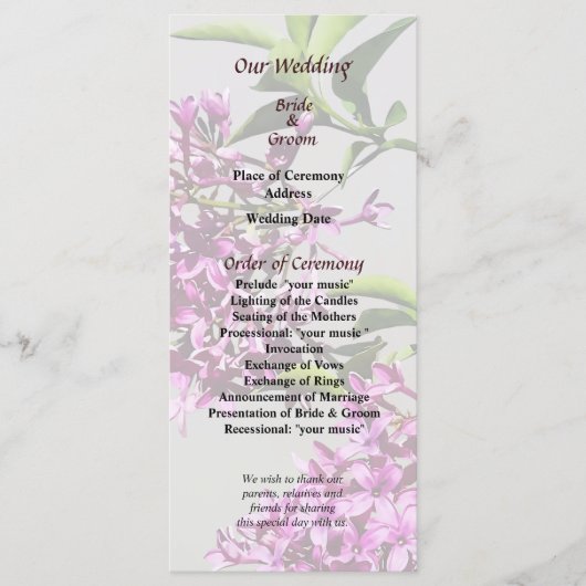Pin Lilacs et programme de mariage Feuille (Devant)