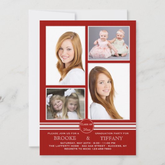 Pin Stripe Four Photo Red Afstuderen Invitation Kaart (Voorkant)