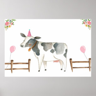 Pin the Tail Koe Farm Animals Girl Birthday Roze Poster