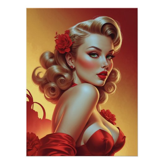 Pin-Up Blonde, rode kleur Perfect Poster (Voorkant)