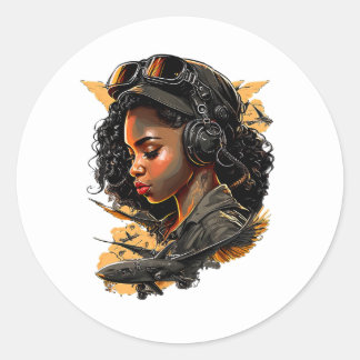 Pin Up Girl Black Woman Bomber Pilar Aviation Ronde Sticker