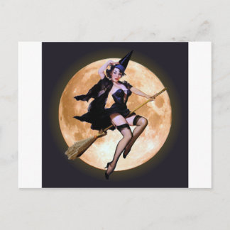 Pin-up heks tegen een oogst maan briefkaart