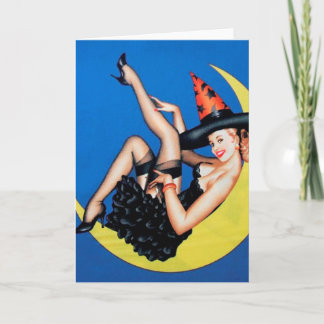 Pin-up meisje heks op de maan Halloween Kaart