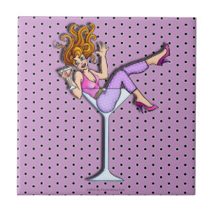 Pin-up meisje in een Martini-glas (rood) Onderzett Tegeltje