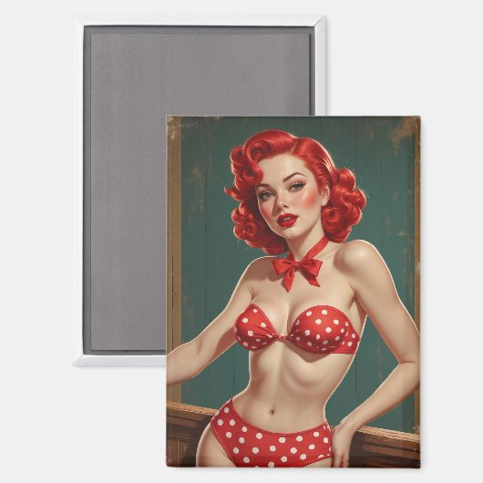 Pin-Up met rood haar en erwtenbikini Magneet (Voorkant / Achterkant)