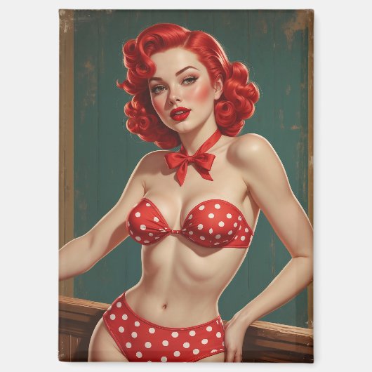 Pin-Up met rood haar en erwtenbikini Magneet (Voorkant)