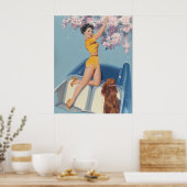 Pin-up Poseren in de auto met hond Poster (Keuken)