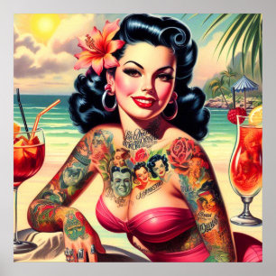 Pin-up voor getatoeëerd strand poster