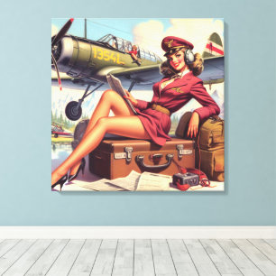Pin-upillustratie van het vliegtuig Canvas Afdruk