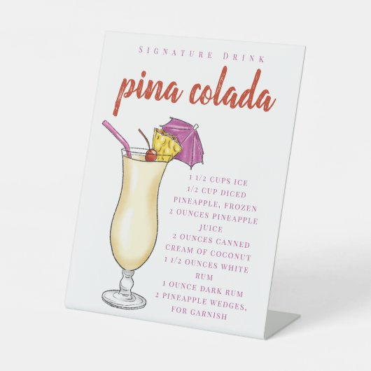 Pina Colada Recept Handtekening Drink Reclamebord Met Voetstuk (Voorkant)