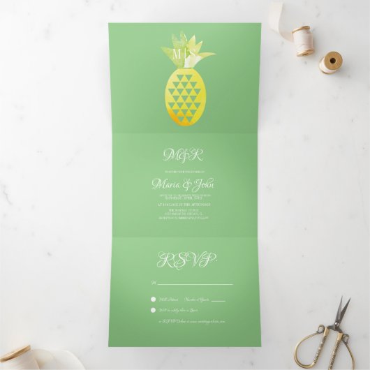 Pina Waterverf Pineapple Fruit Tropic Wedding Drieluik Uitnodiging (Binnen)