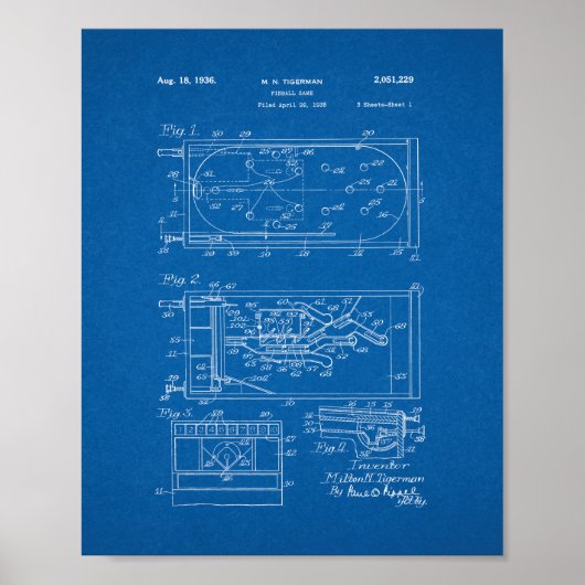 Pinball Game Patent - Blueprint Poster (Voorkant)