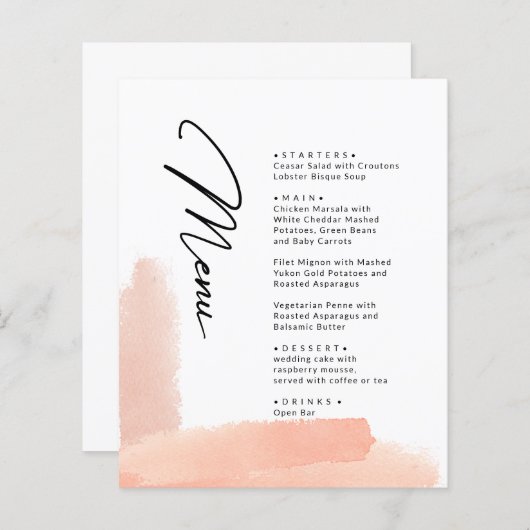 Pinces Roses. Menu mariage moderne simple (Devant / Derrière)