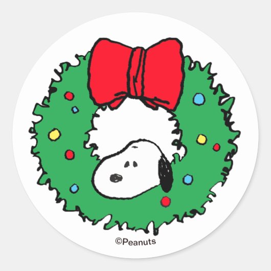Pindakaas | Snoopy Kerst Krans & Lint Ronde Sticker (Voorkant)