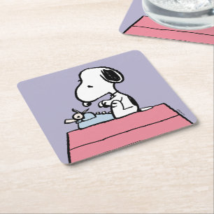 pinda's Snoopy bij de schrijfmachine Vierkante Kartonnen Onderzetter