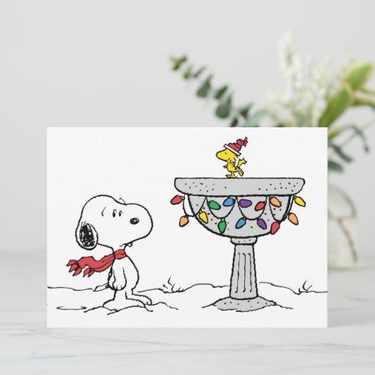 pinda's | Snoopy & Woodstock Frozen Birdbath Feestdagenkaart (Staand voorkant)