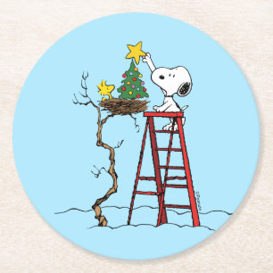 pinda's   Snoopy & Woodstock - kerstboom Ronde Kartonnen Onderzetter