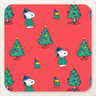 pinda's Snoopy & Woodstock Red-kerstpatroon Vierkante Kartonnen Onderzetter