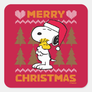 pinda's   Snoopy & Woodstock Santa Claus Hug Vierkante Sticker