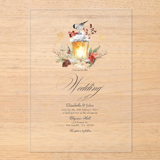 Pine and Spruce Winter Wonderland Wedding Acryl Uitnodigingen (Voorkant)