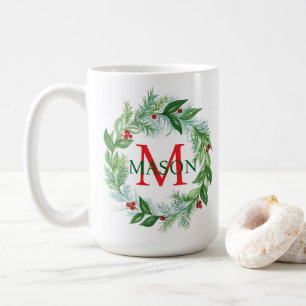 Pine Berries Krans Monogram Kerst Koffie Mok