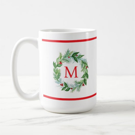 Pine Berries Krans Monogram Kerstmis Koffiemok (Links)