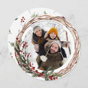 Pine Berry Natural Botanicals Round Photo Holiday Feestdagenkaart