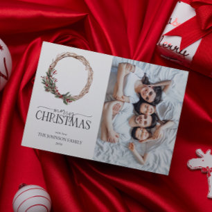 Pine Berry Wreath Merry Kerstscript Foto Hol Feestdagenkaart