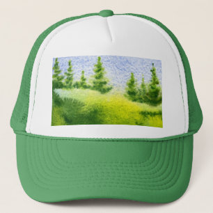 Pine bomen op een groene en blauwe bergkam trucker pet