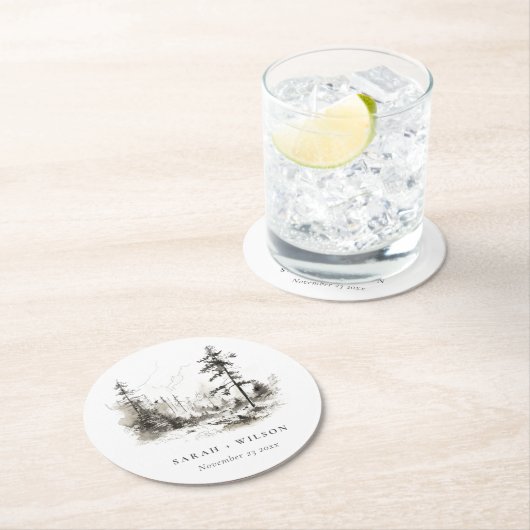 Pine Bossen Berglandschap Schets Bruiloft Ronde Kartonnen Onderzetter (Insitu)