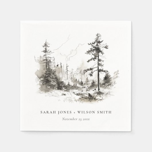 Pine Bossen Berglandschap Schets Bruiloft Servet (Voorkant)
