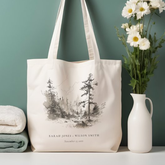 Pine Bossen Berglandschap Schets Bruiloft Tote Bag