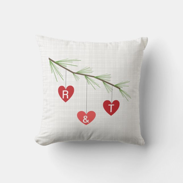 Pine Bough & Red Hearts Monogram Valentijn Pillow Kussen (Voorkant)