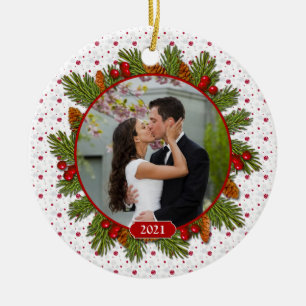 Pine Boughs Holly 1st Kerstmis Foto Keramisch Ornament