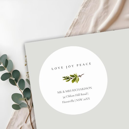 Pine Branch-kerstadres Love Joy Peace Ronde Sticker