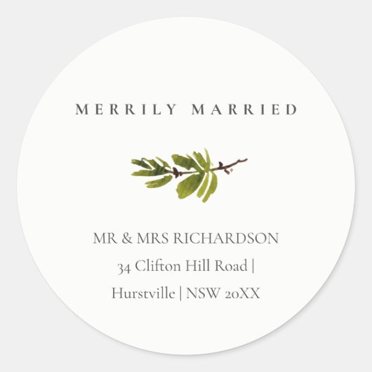 Pine Branch Kerstmis Adres Merrily Getrouwd Ronde Sticker (Voorkant)