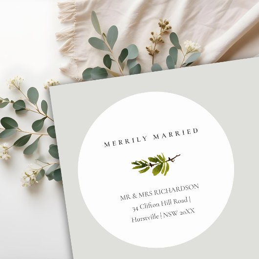 Pine Branch Kerstmis Adres Merrily Getrouwd Ronde Sticker