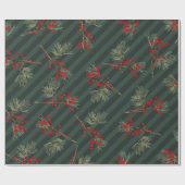 Pine Branch Red Ilex Berries Forest Green Stripe Cadeaupapier (Vlak)