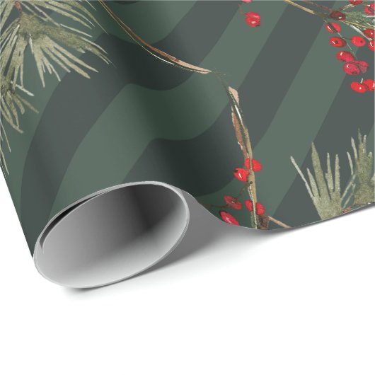 Pine Branch Red Ilex Berries Forest Green Stripe Cadeaupapier (Rol Hoek)
