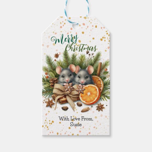 Pine Burlap and Holiday Mice Christmas Cadeaulabel (Voorkant)