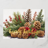 Pine Cone Evergreen Red Berries Rustiek Folie Feestdagenkaart (Voorkant)