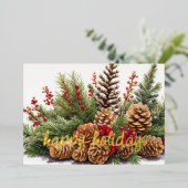 Pine Cone Evergreen Red Berries Rustiek Folie Feestdagenkaart (Staand Voorkant)
