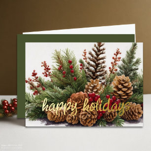 Pine Cone Evergreen Red Berries Rustiek Folie Feestdagenkaart