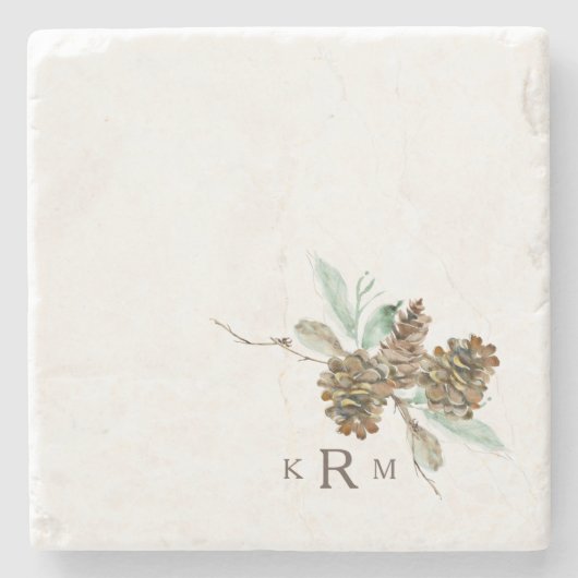 Pine Cone Foliage Herfst Holiday Monogram Stenen Onderzetter (Voorkant)