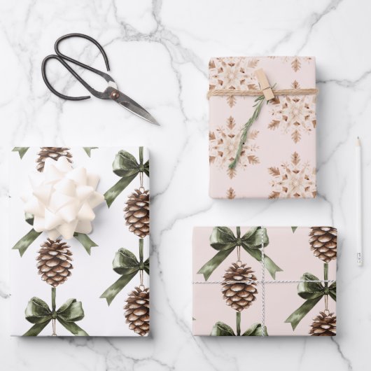 Pine Cone Green Bow Christmas Cream Snowflakes Inpakpapier Vel (Voorkant)