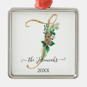 Pine Cone Monogram J Gold Glitter Holly Christmas Metalen Ornament