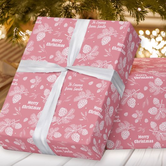 Pine Cone Patroon Roze Naam Tekst Kerstmis Cadeaupapier